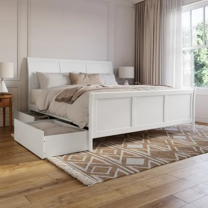 Solid Wood Platform Bed with Footboard and Storage Drawers