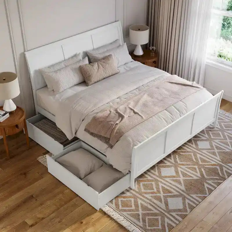 Solid Wood Platform Bed with Footboard and Storage Drawers