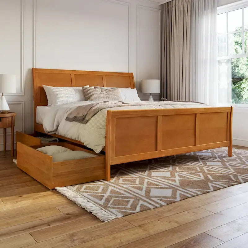 Solid Wood Platform Bed with Footboard and Storage Drawers