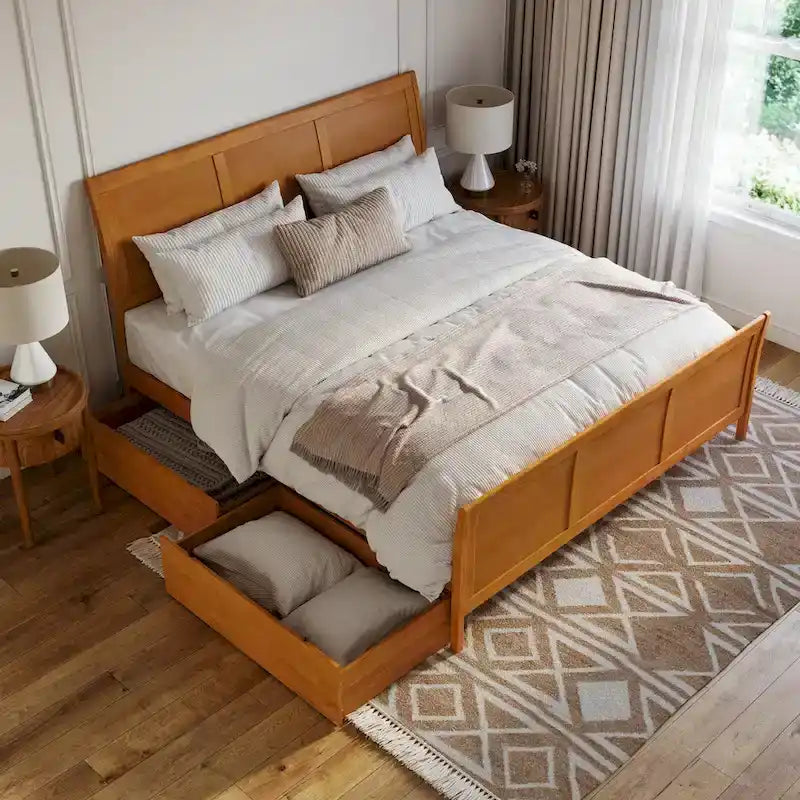 Solid Wood Platform Bed with Footboard and Storage Drawers