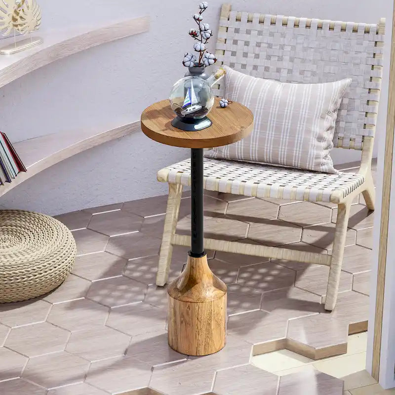 Farmhouse Pedestal End Table, Rustic Wood Drink Table with Base, Round Martini Table for Small Space Living Room