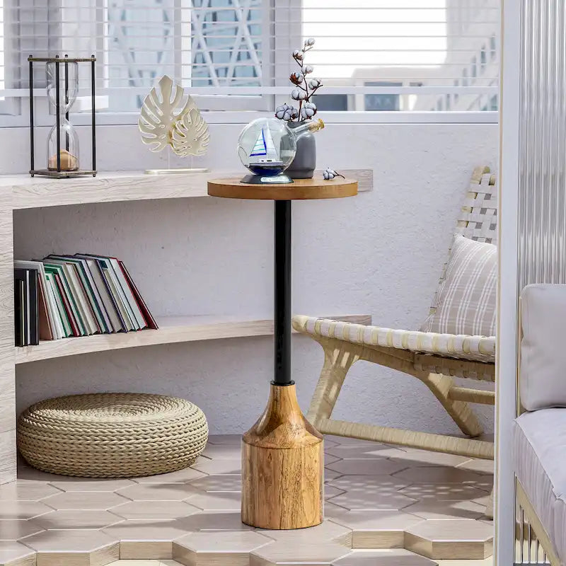 Farmhouse Pedestal End Table, Rustic Wood Drink Table with Base, Round Martini Table for Small Space Living Room