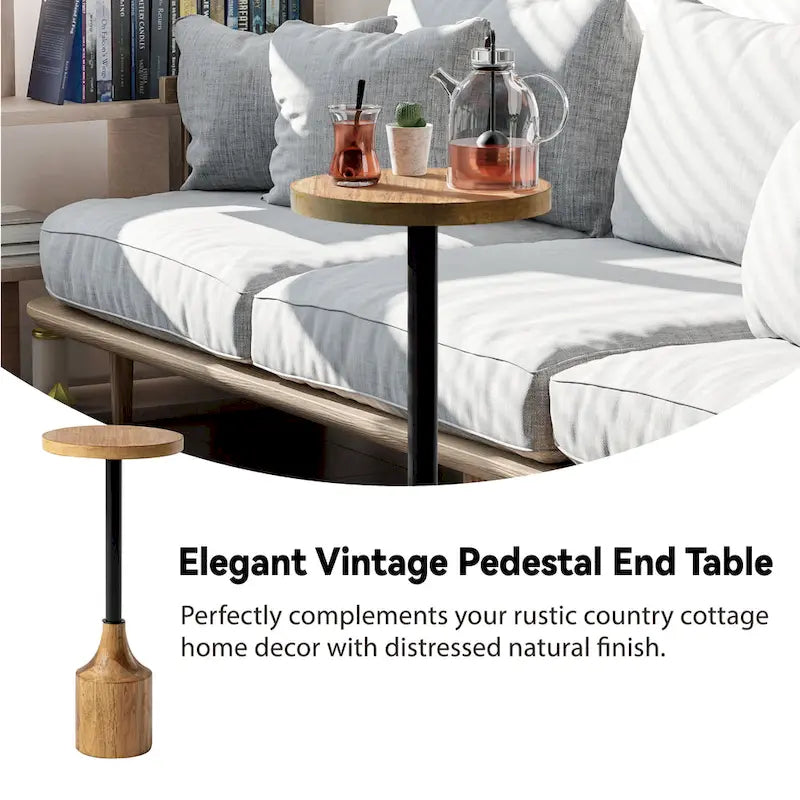 Farmhouse Pedestal End Table, Rustic Wood Drink Table with Base, Round Martini Table for Small Space Living Room