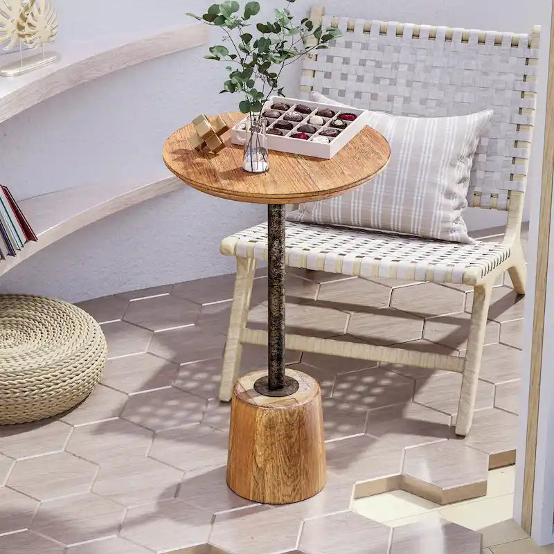 Farmhouse Pedestal End Table, Rustic Wood Drink Table with Base, Round Martini Table for Small Space Living Room