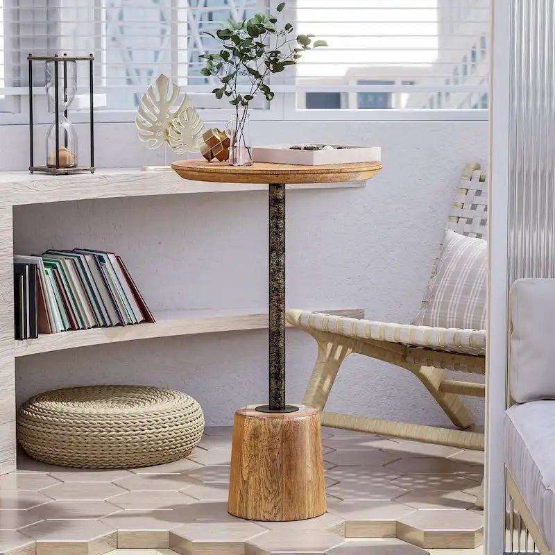 Farmhouse Pedestal End Table, Rustic Wood Drink Table with Base, Round Martini Table for Small Space Living Room