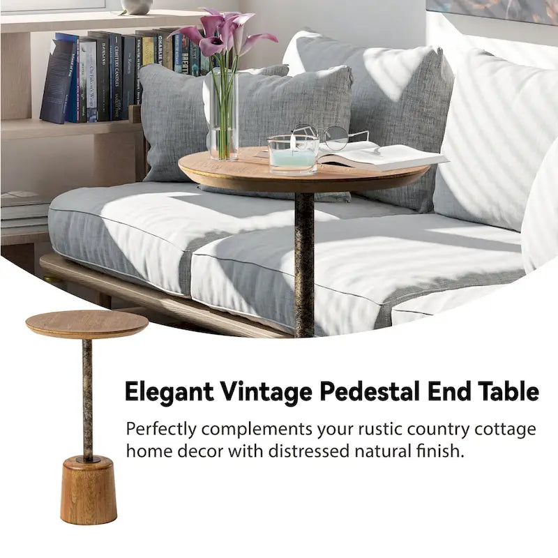 Farmhouse Pedestal End Table, Rustic Wood Drink Table with Base, Round Martini Table for Small Space Living Room