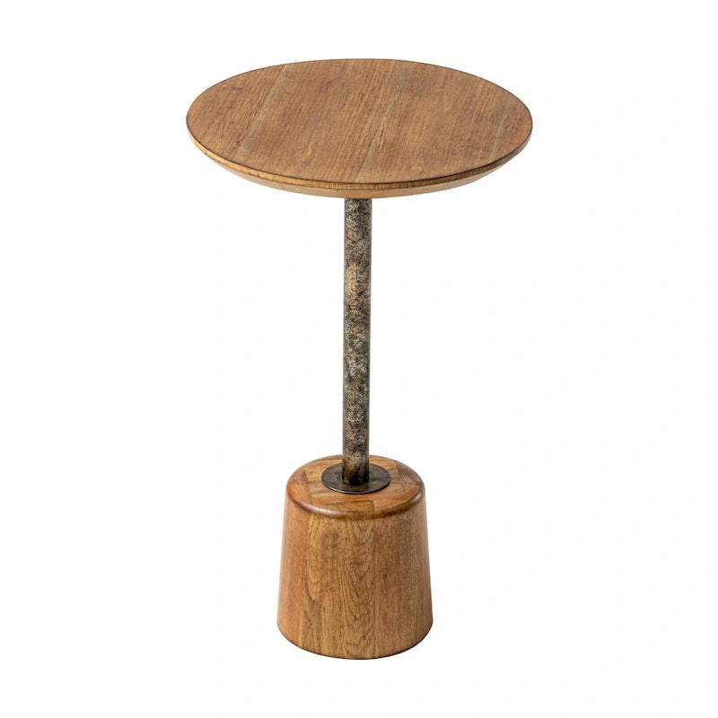 Farmhouse Pedestal End Table, Rustic Wood Drink Table with Base, Round Martini Table for Small Space Living Room