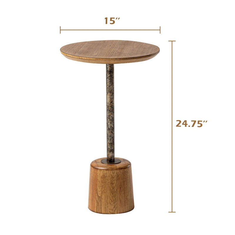 Farmhouse Pedestal End Table, Rustic Wood Drink Table with Base, Round Martini Table for Small Space Living Room