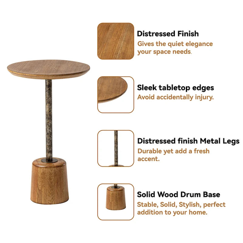 Farmhouse Pedestal End Table, Rustic Wood Drink Table with Base, Round Martini Table for Small Space Living Room