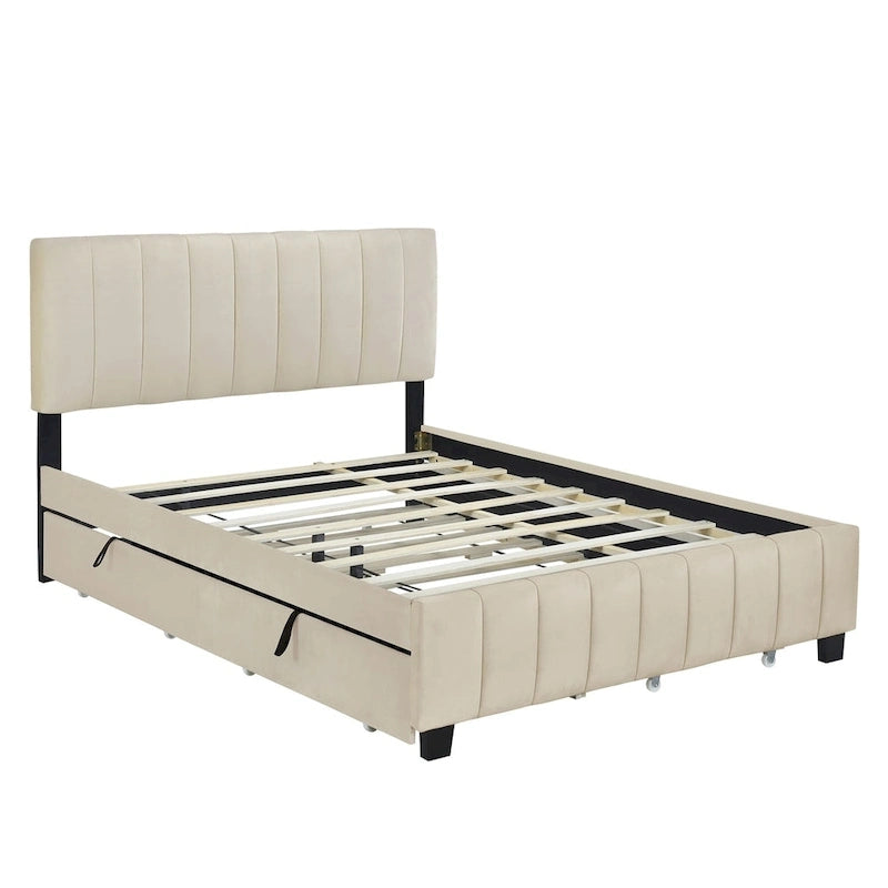 Gepolstertes Samt-Plattformbett für Queensize-Betten mit 2 Schubladen und Ausziehbett in Twin XL