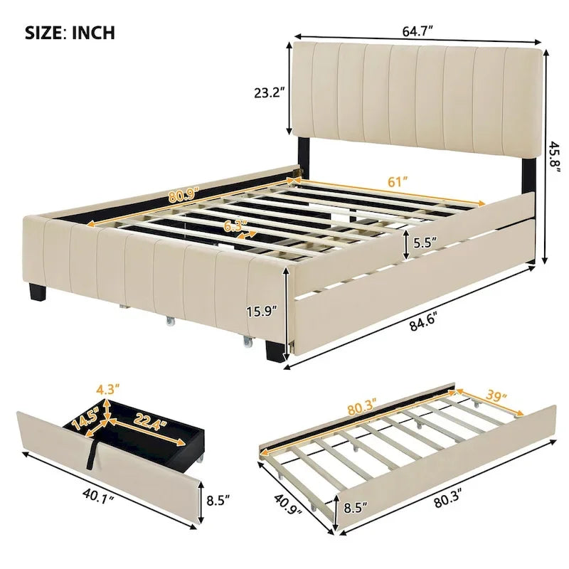 Gepolstertes Samt-Plattformbett für Queensize-Betten mit 2 Schubladen und Ausziehbett in Twin XL