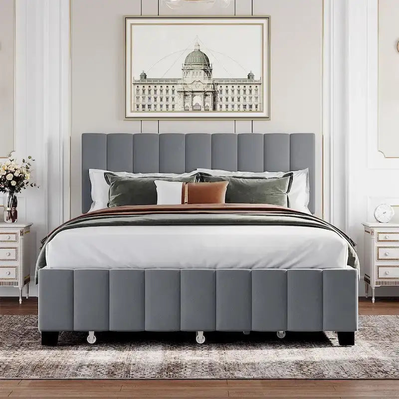 Gepolstertes Samt-Plattformbett für Queensize-Betten mit 2 Schubladen und Ausziehbett in Twin XL