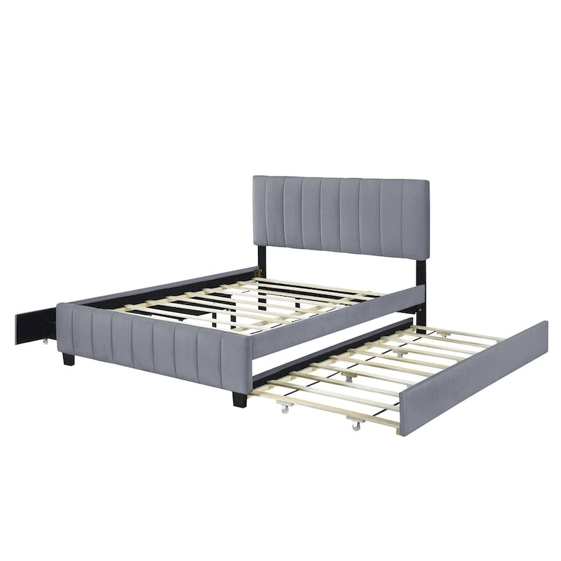 Gepolstertes Samt-Plattformbett für Queensize-Betten mit 2 Schubladen und Ausziehbett in Twin XL