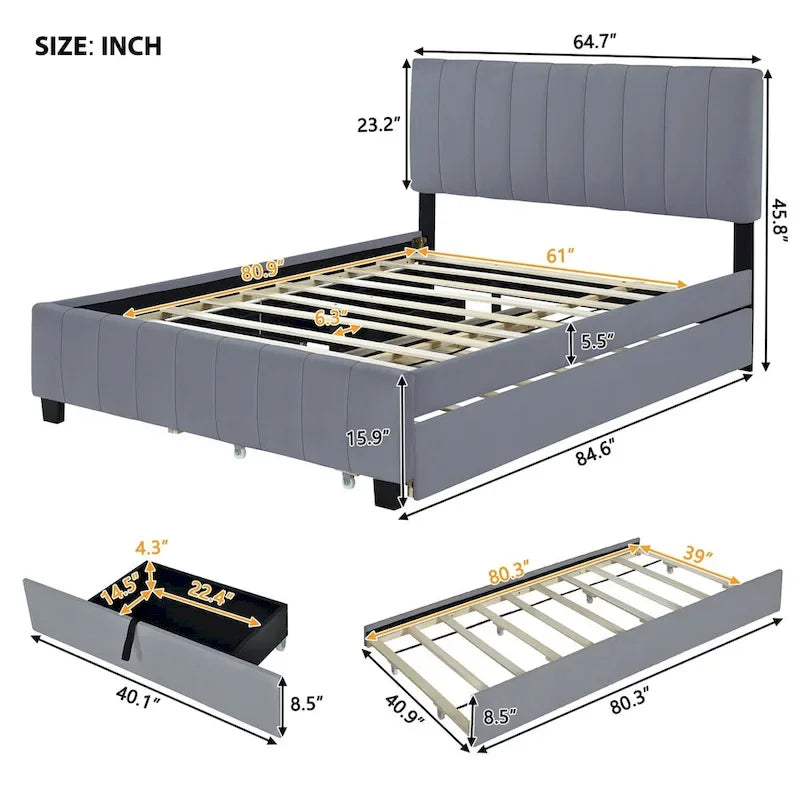 Gepolstertes Samt-Plattformbett für Queensize-Betten mit 2 Schubladen und Ausziehbett in Twin XL