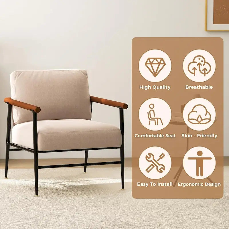 Fauteuil d’appoint moderne de style mi-siècle en lin avec coussin de dossier rembourré