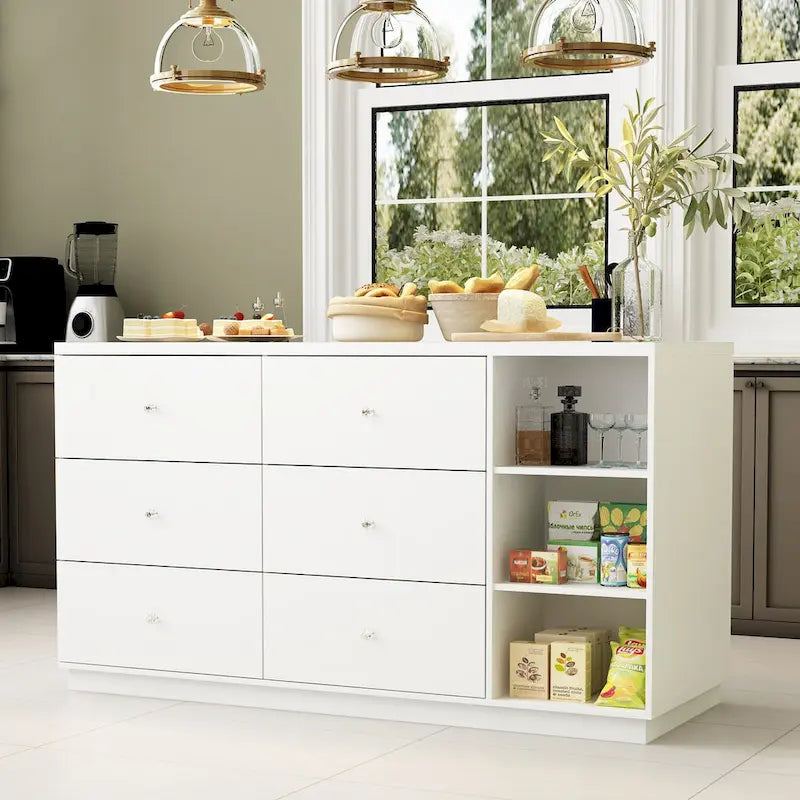 63-Inch White Kitchen Island Storage Unit with Drawers and Cabinets