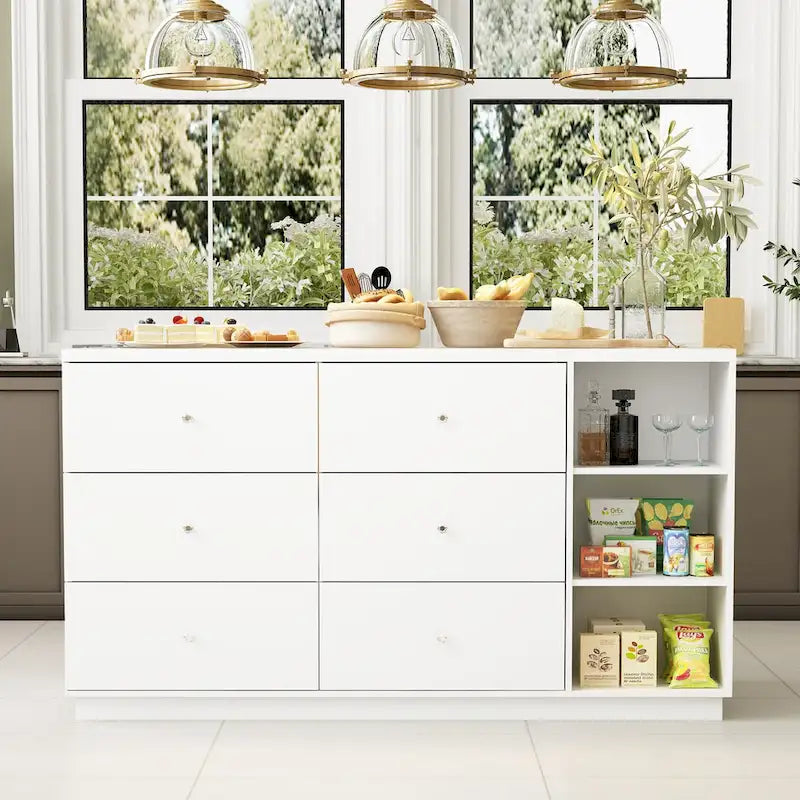 63-Inch White Kitchen Island Storage Unit with Drawers and Cabinets