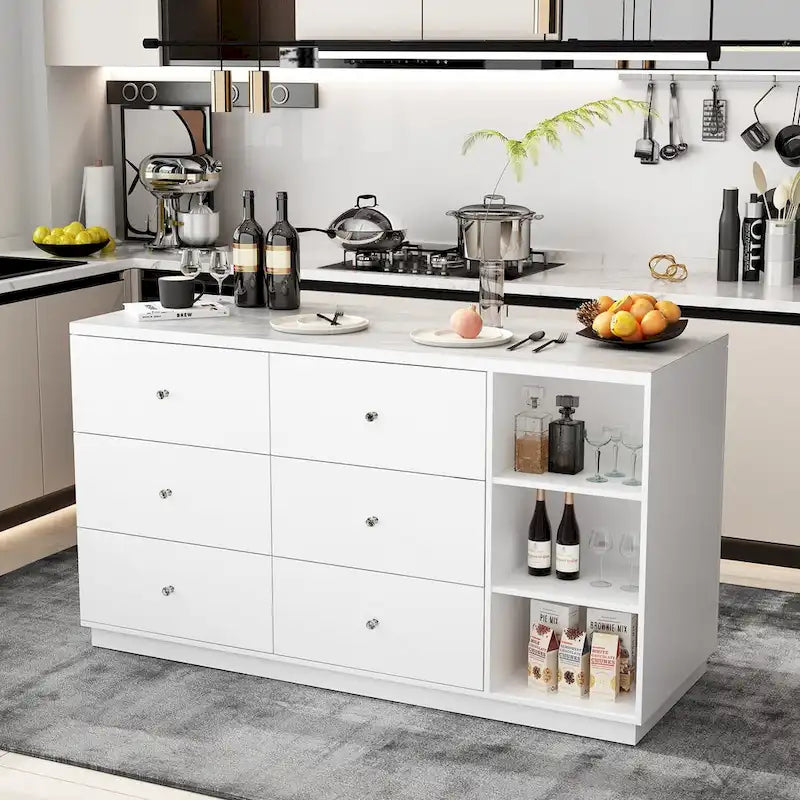 63-Inch White Kitchen Island Storage Unit with Drawers and Cabinets