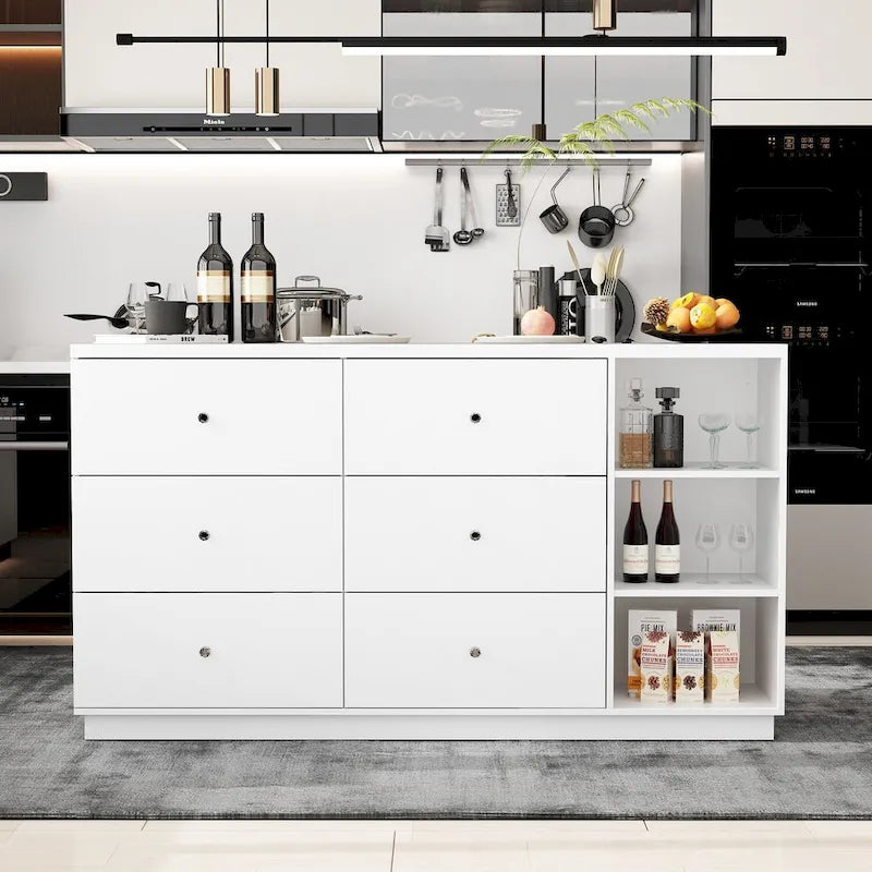 63-Inch White Kitchen Island Storage Unit with Drawers and Cabinets