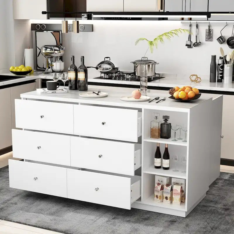 63-Inch White Kitchen Island Storage Unit with Drawers and Cabinets