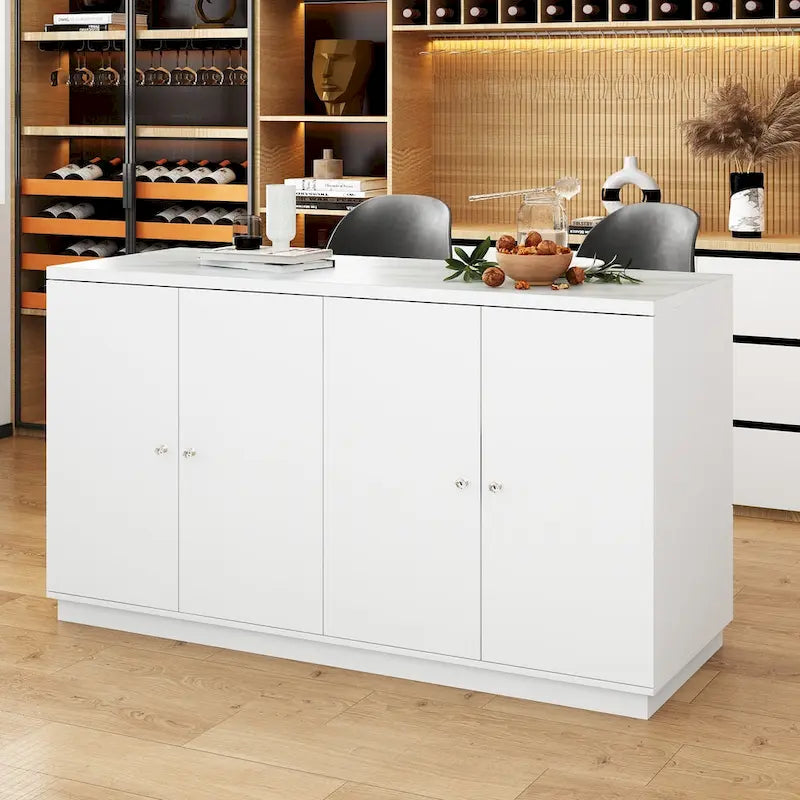 63-Inch White Kitchen Island Storage Unit with Drawers and Cabinets