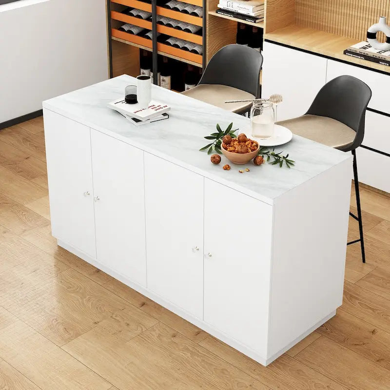 63-Inch White Kitchen Island Storage Unit with Drawers and Cabinets