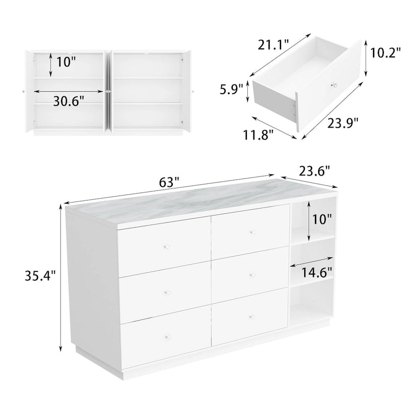 63-Inch White Kitchen Island Storage Unit with Drawers and Cabinets