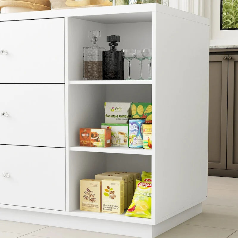 63-Inch White Kitchen Island Storage Unit with Drawers and Cabinets