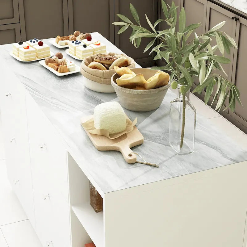 63-Inch White Kitchen Island Storage Unit with Drawers and Cabinets