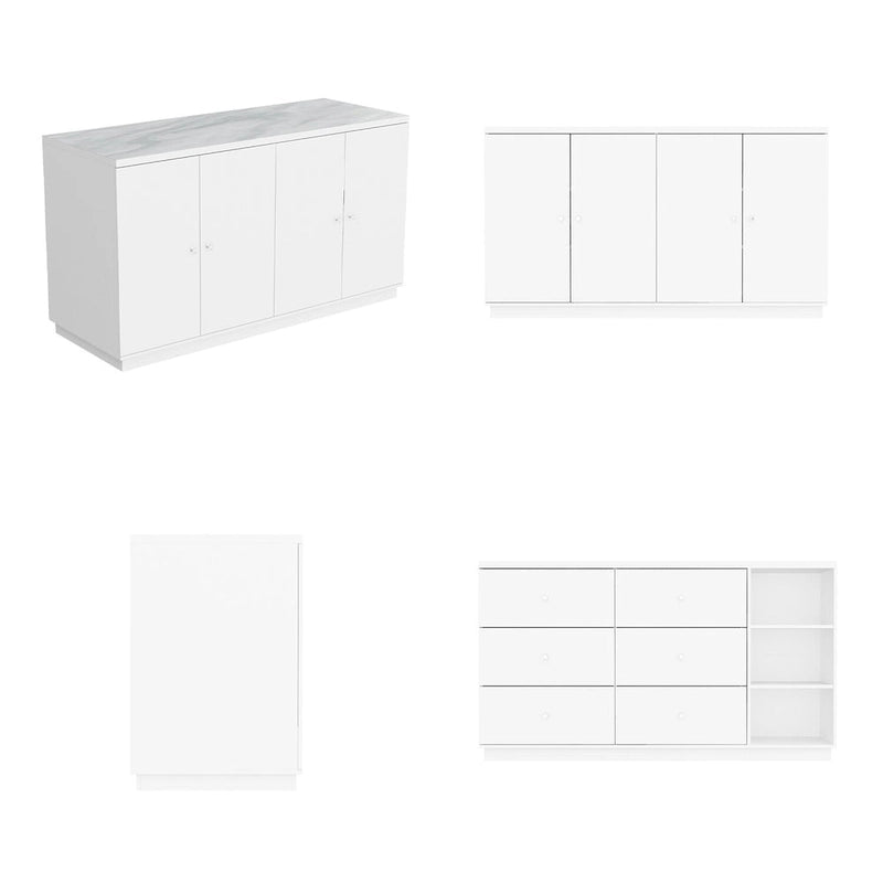 63-Inch White Kitchen Island Storage Unit with Drawers and Cabinets