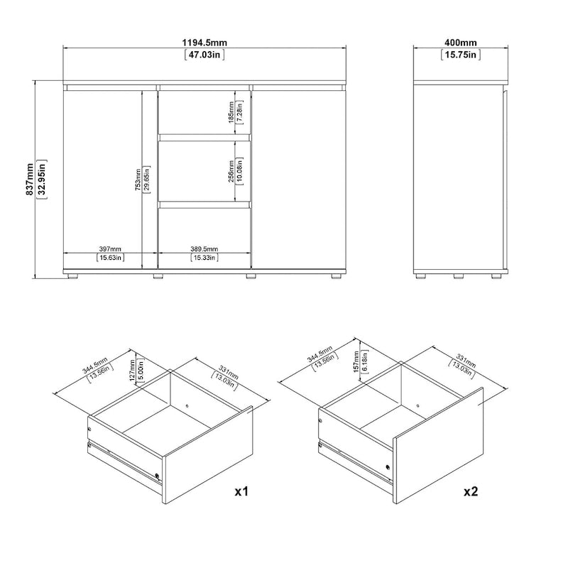 Buffet moderne avec 2 portes et 3 tiroirs, blanc