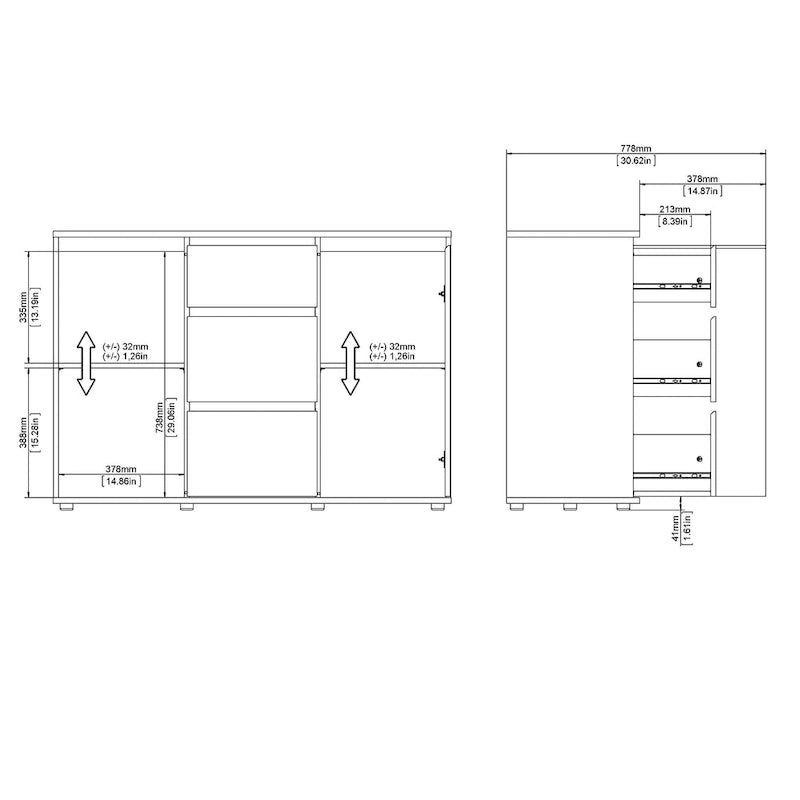 Buffet moderne avec 2 portes et 3 tiroirs, blanc