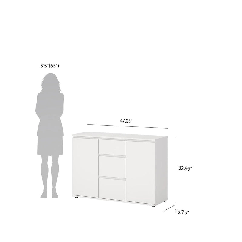 Buffet moderne avec 2 portes et 3 tiroirs, blanc