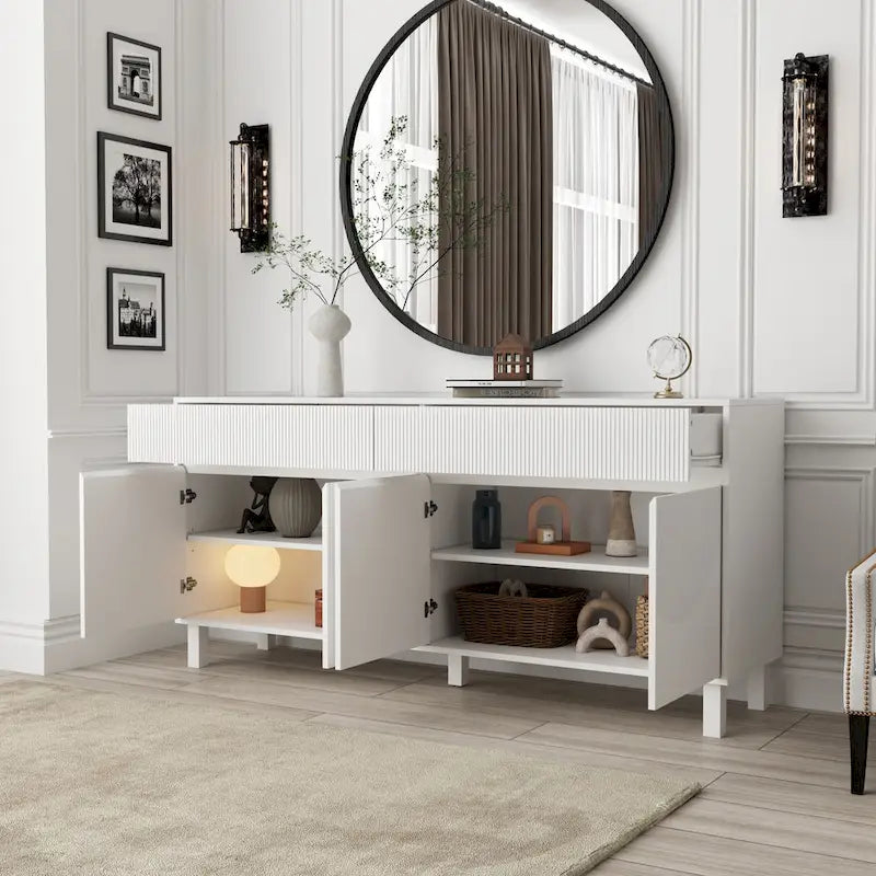 Buffet bahut blanc, meuble bas élégant de 63 pouces avec rangement