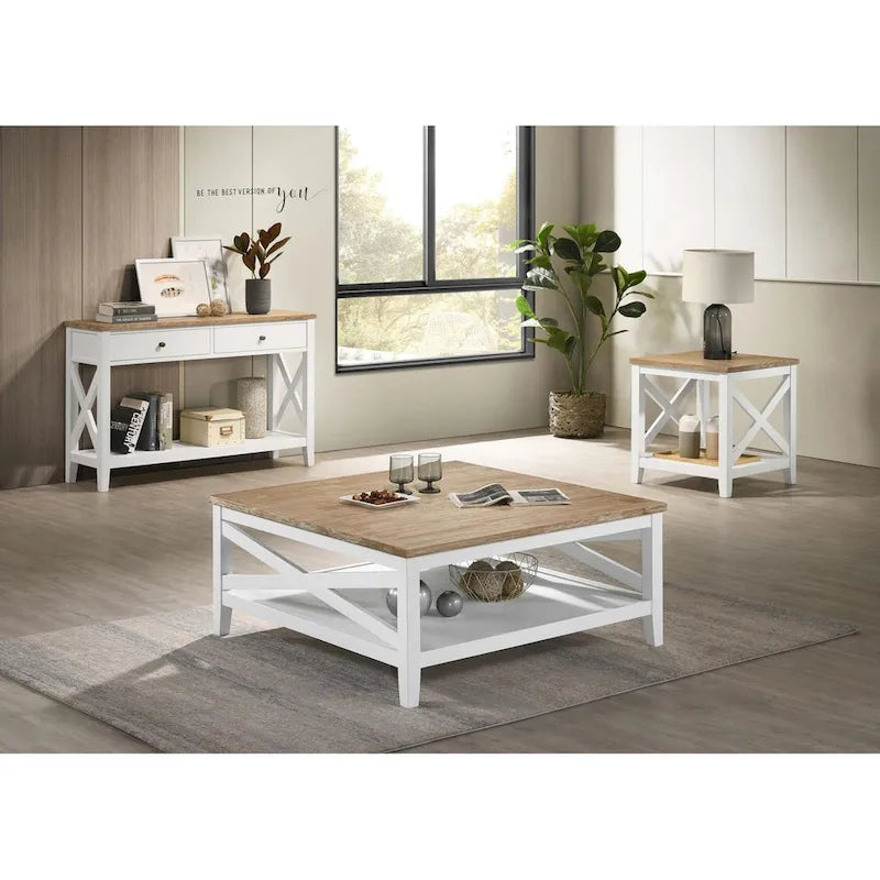 Table basse carrée brune et blanche