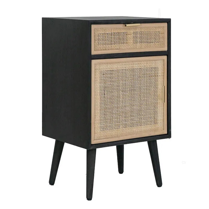 28 Inch Accent Cabinet, 1 Drawer, Pine, Woven Rattan Design - 28 H x 13.5 W x 16.5 L Inches