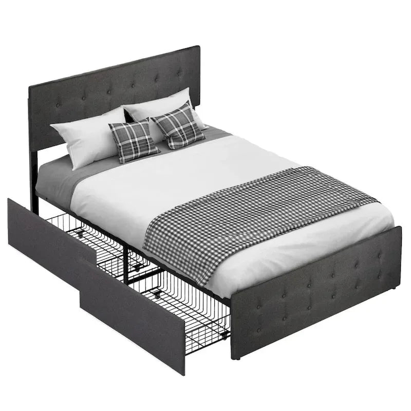 Upholstered Bed Frame with 4 Drawers and Adjustable Headboard