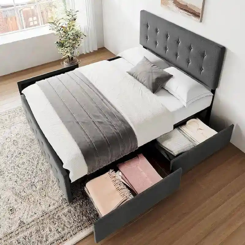 Upholstered Bed Frame with 4 Drawers and Adjustable Headboard