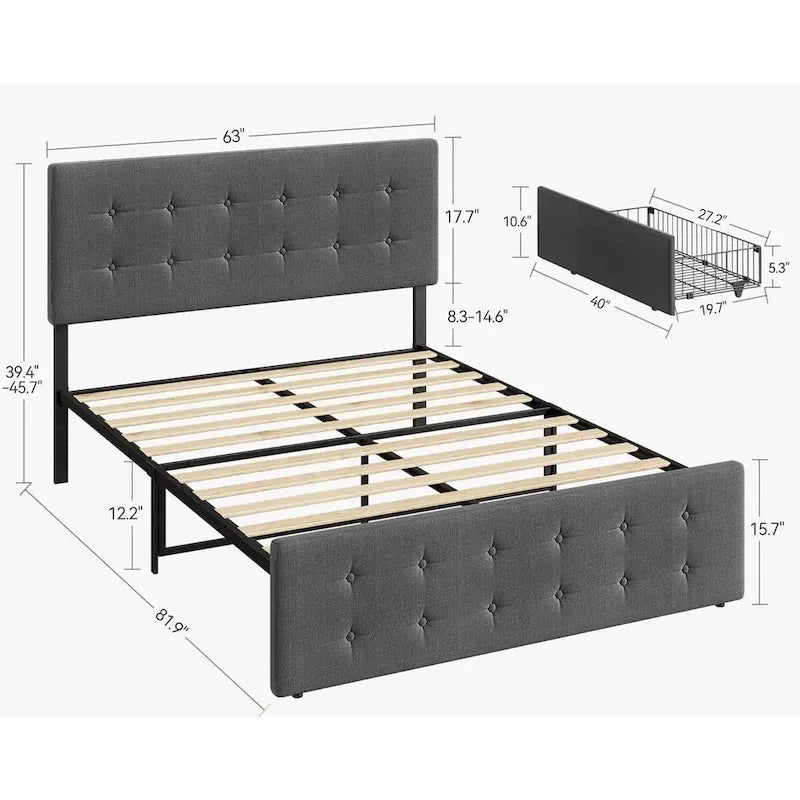 Upholstered Bed Frame with 4 Drawers and Adjustable Headboard