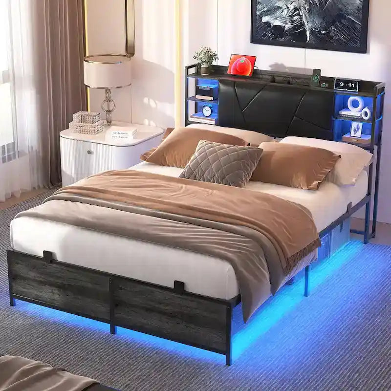 Postelový rám s úložným čalouněným čelem, nabíjecí stanicí a RGB LED osvětlením