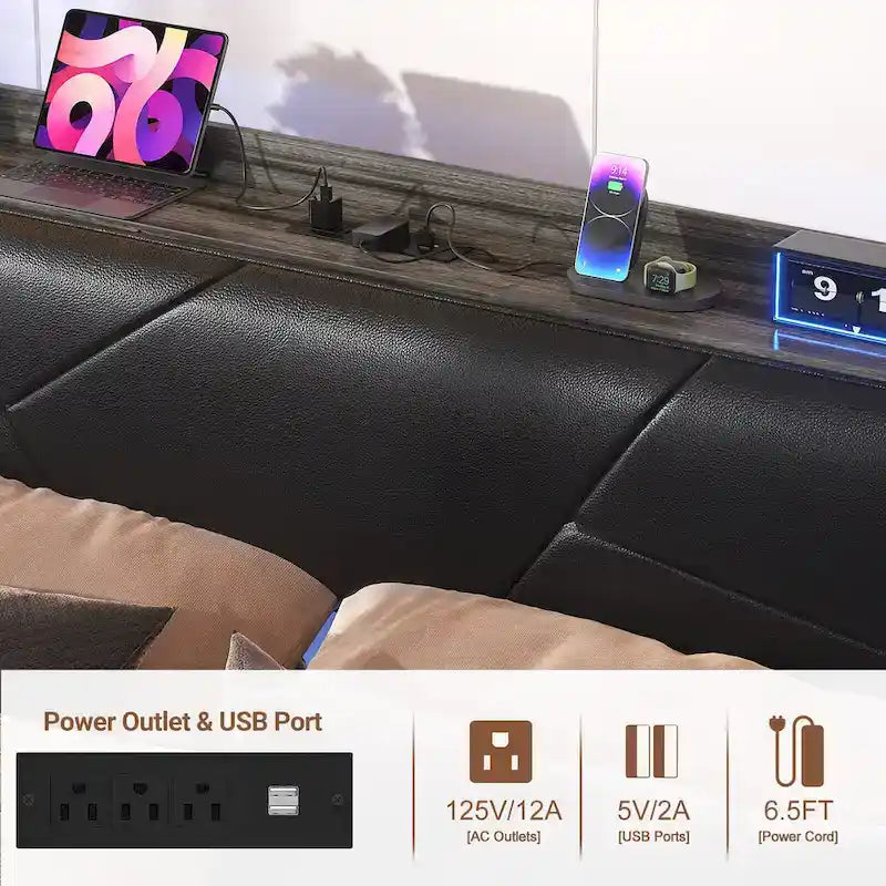 Postelový rám s úložným čalouněným čelem, nabíjecí stanicí a RGB LED osvětlením