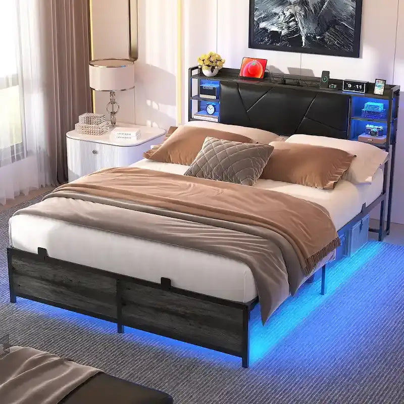 Postelový rám s úložným čalouněným čelem, nabíjecí stanicí a RGB LED osvětlením