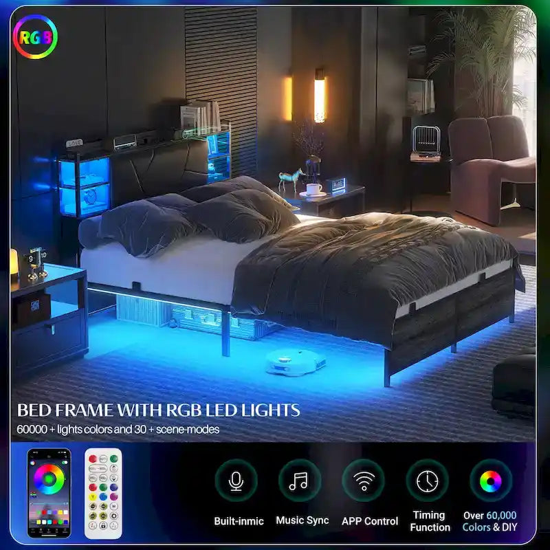 Postelový rám s úložným čalouněným čelem, nabíjecí stanicí a RGB LED osvětlením