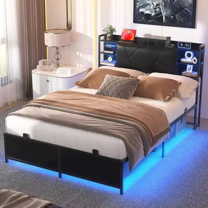 Postelový rám s úložným čalouněným čelem, nabíjecí stanicí a RGB LED osvětlením