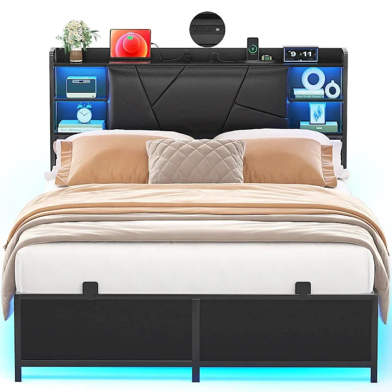Postelový rám s úložným čalouněným čelem, nabíjecí stanicí a RGB LED osvětlením