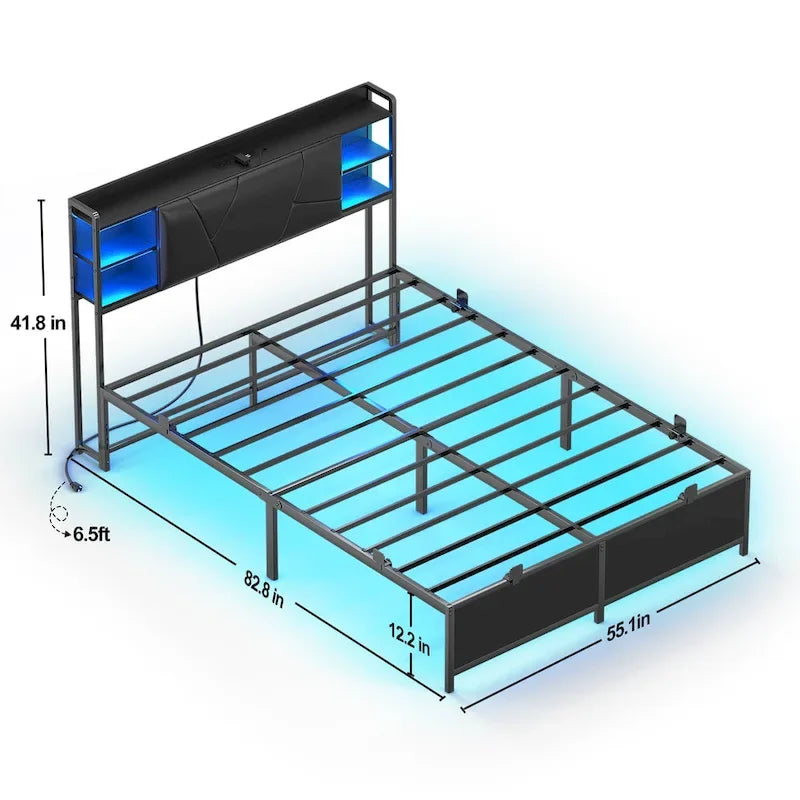 Postelový rám s úložným čalouněným čelem, nabíjecí stanicí a RGB LED osvětlením