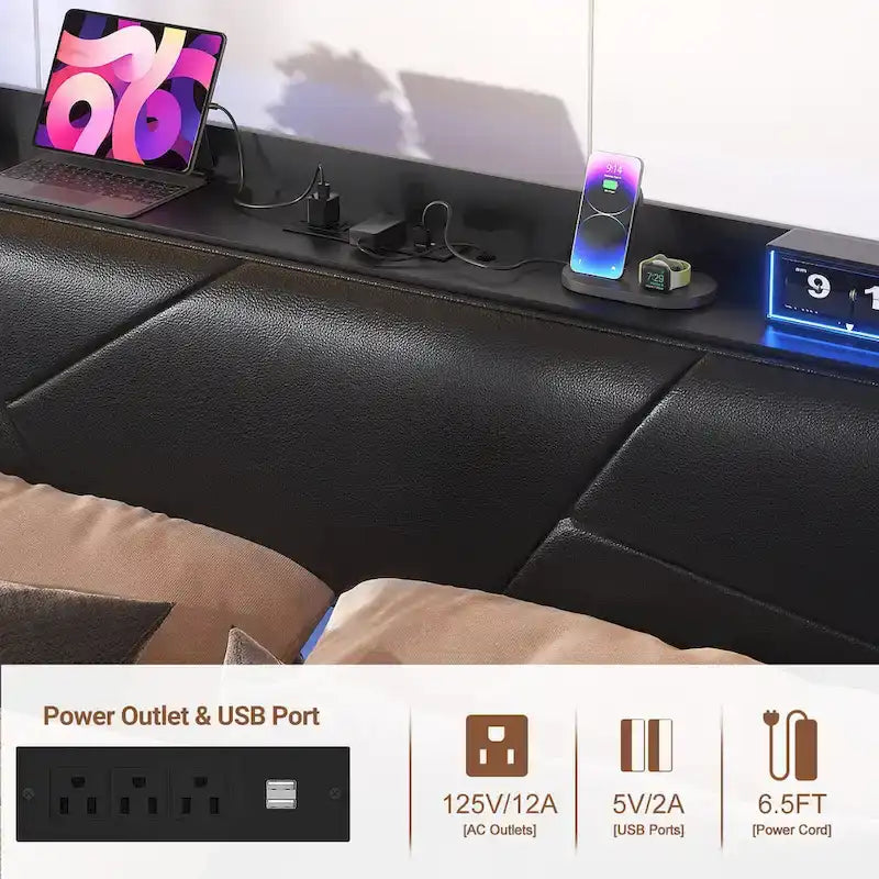 Postelový rám s úložným čalouněným čelem, nabíjecí stanicí a RGB LED osvětlením