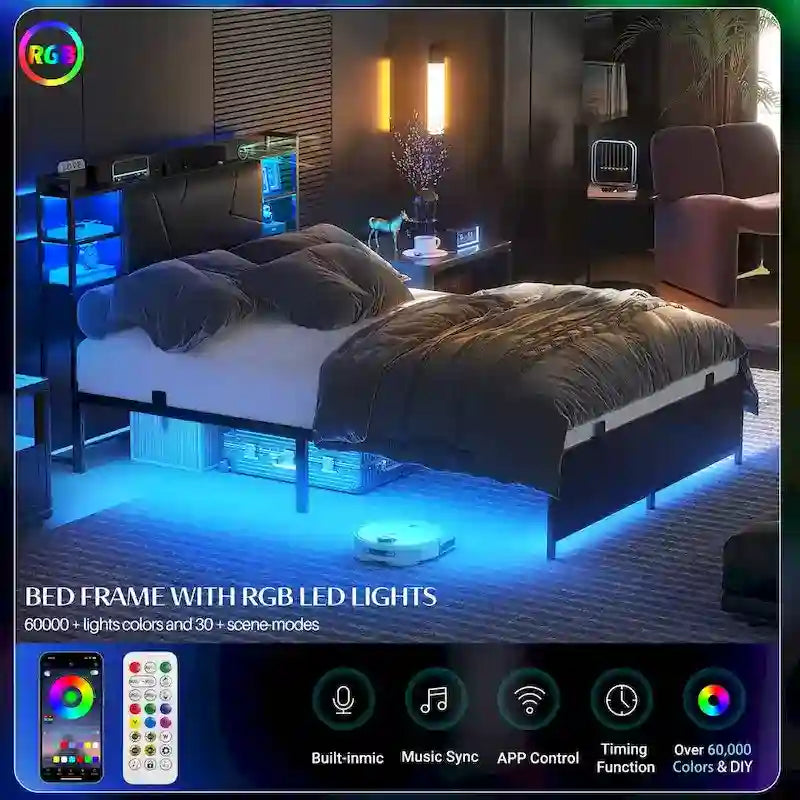 Postelový rám s úložným čalouněným čelem, nabíjecí stanicí a RGB LED osvětlením