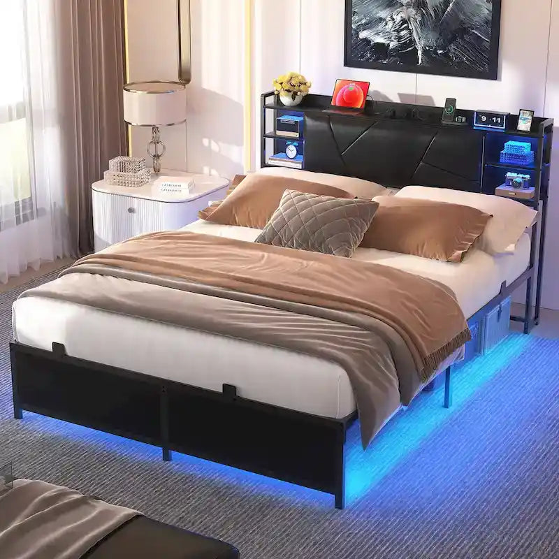 Postelový rám s úložným čalouněným čelem, nabíjecí stanicí a RGB LED osvětlením