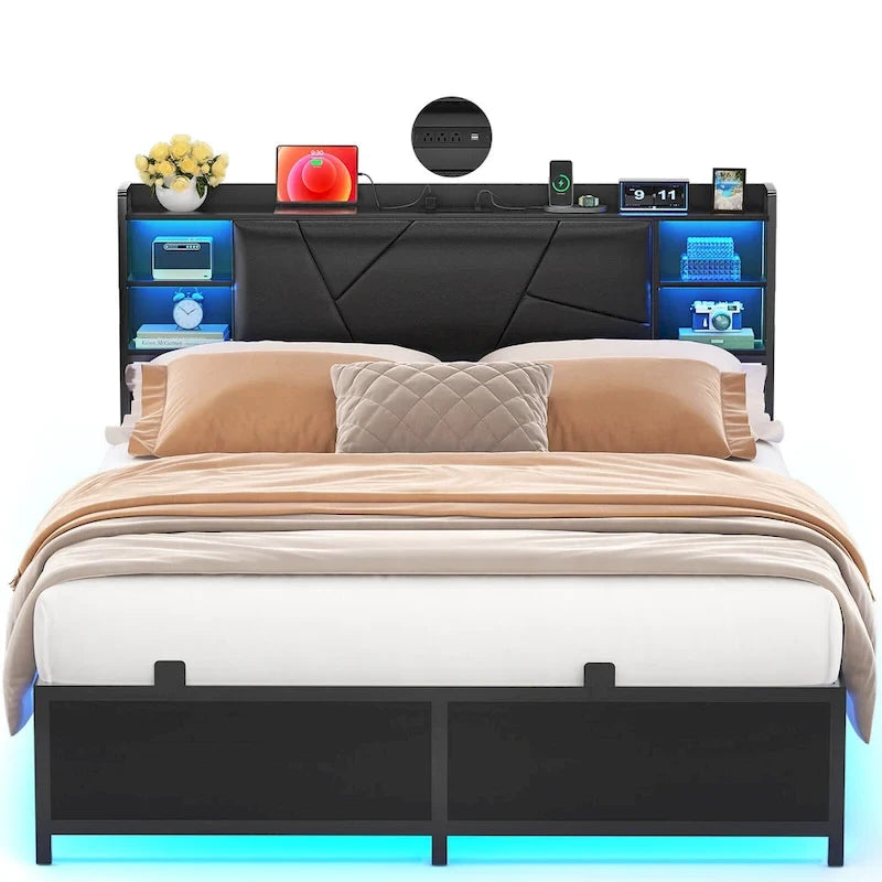 Postelový rám s úložným čalouněným čelem, nabíjecí stanicí a RGB LED osvětlením
